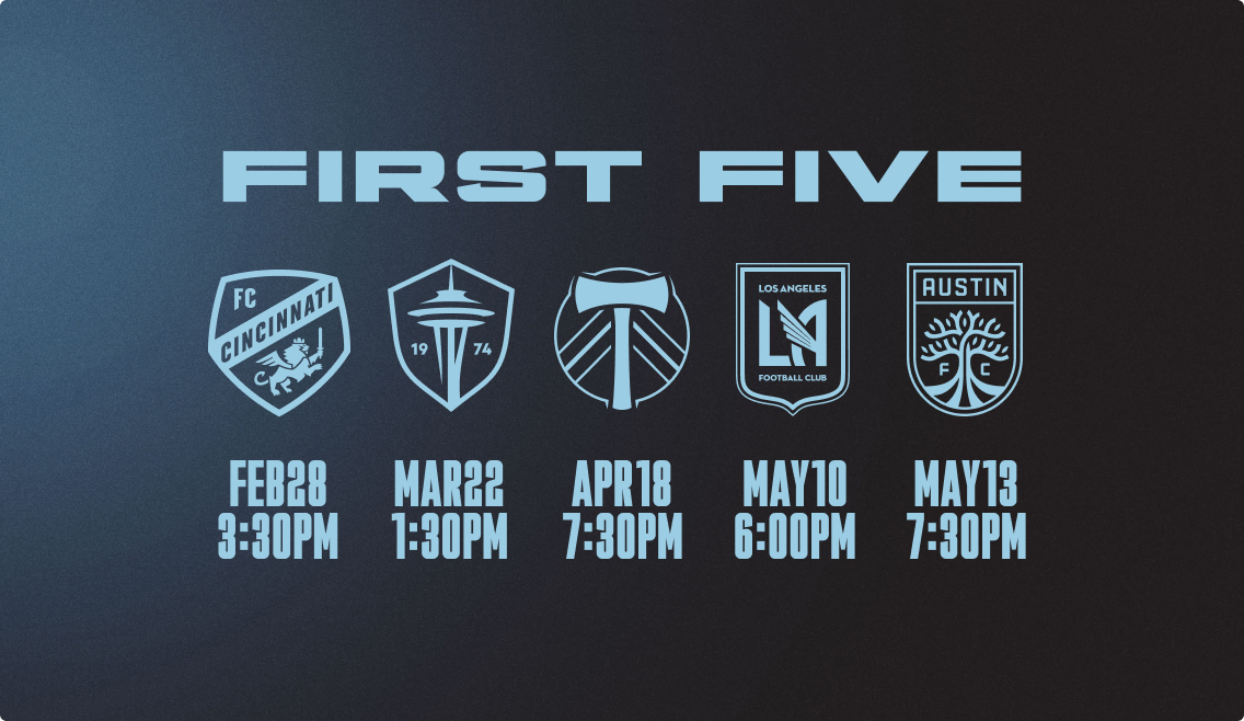 First Five | 2.28 vs Cincinnati, 3.22 vs Seattle, 4.18 vs Portland, 5.10 vs LAFC, 5.13 vs Austin