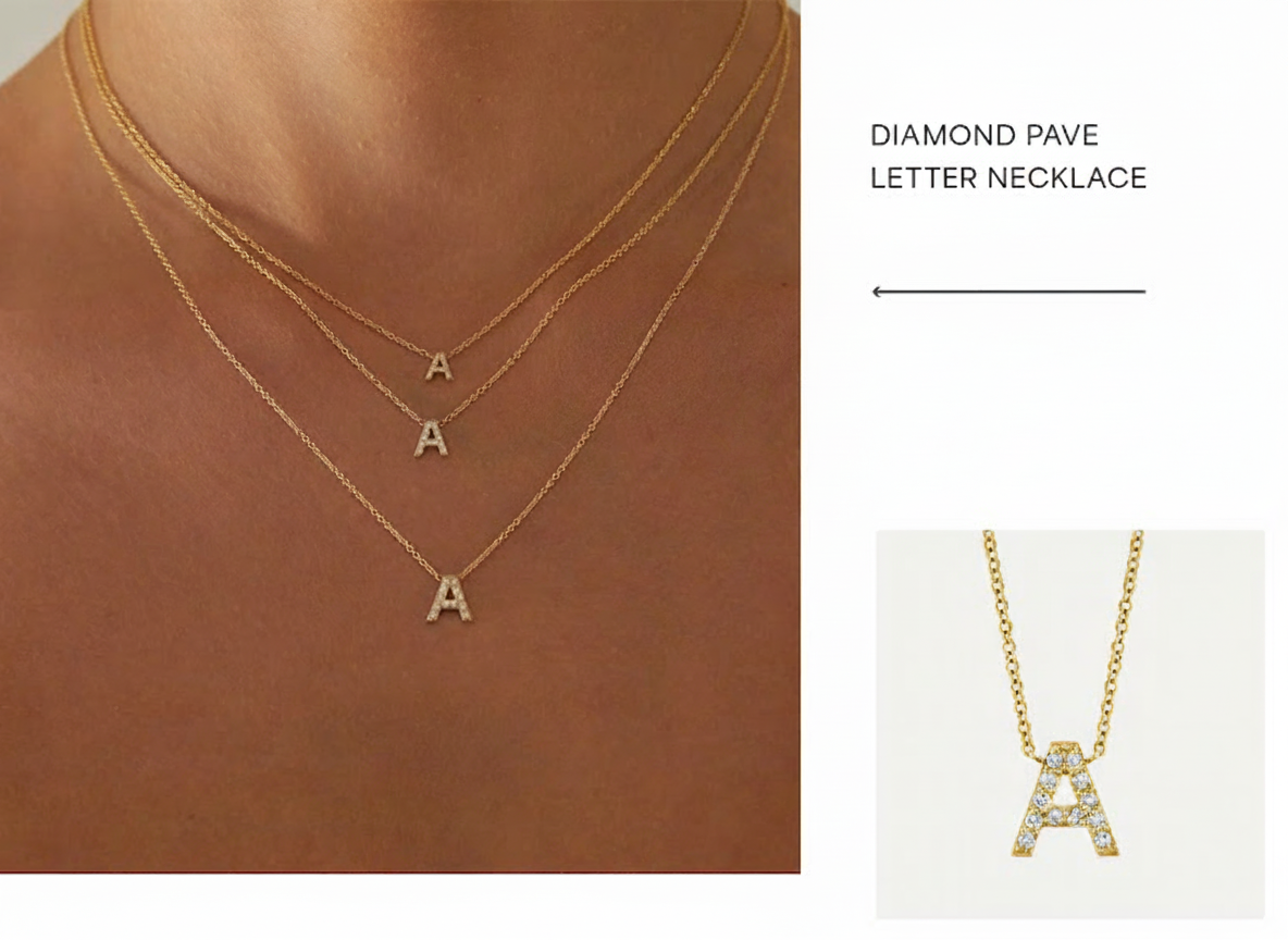 an image of a woman wearing a diamond necklace and a diamond letter necklace