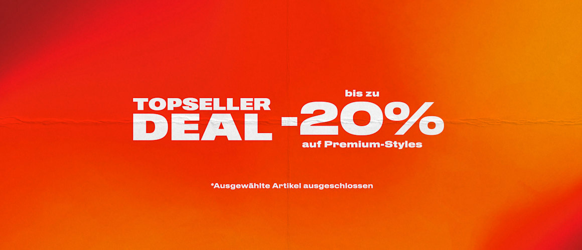 Orange Background with white Text: Topseller Deal up to 20% off premium styles. *selected items excluded