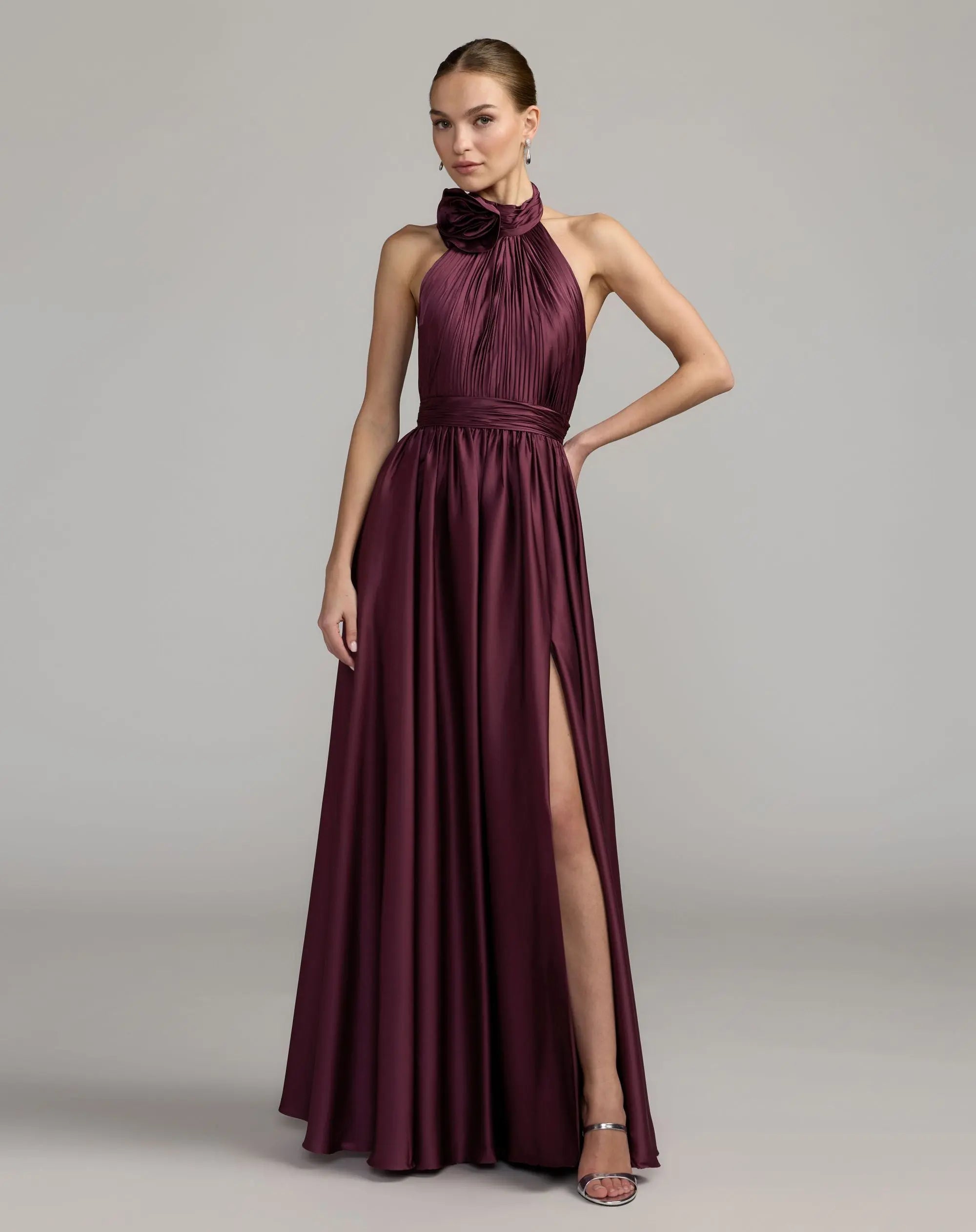 Image of Purple Halter Neck Open Back Satin Gown With Slit