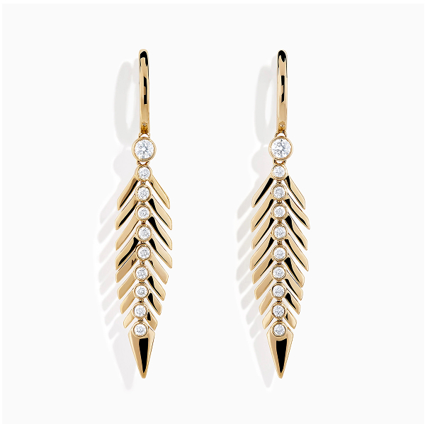 14K Yellow Gold Diamond Feather Dangle Earrings