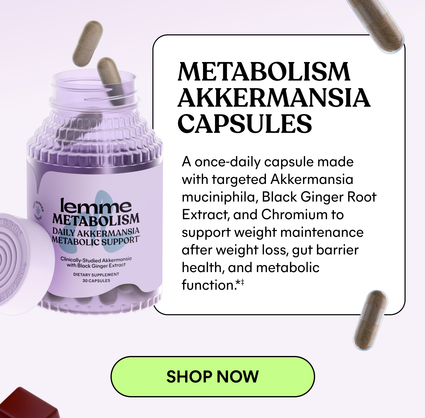 METABOLISM AKKER MANSIA CAPSULES A once-daily capsule made with targeted Akkermansia muciniphila, Black Ginger Root Extract, and Chromium to support weight maintenance after weight loss, gut barrier health, and metabolic function.* -- SHOP NOW
