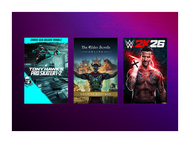 Juxtaposed box art for Tony Hawk's Pro Skater 1 + 2 - Cross-Gen Deluxe Bundle, The Elder Scrolls Online: Deluxe Edition, and WWE 2K26.