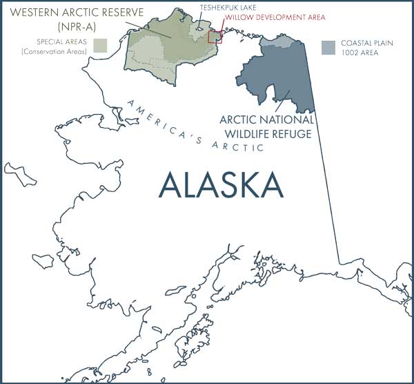 Map of northern Alaska showing the Western Arctic, Arctic National Wildlife Refuge, and the Coastal Plain. 