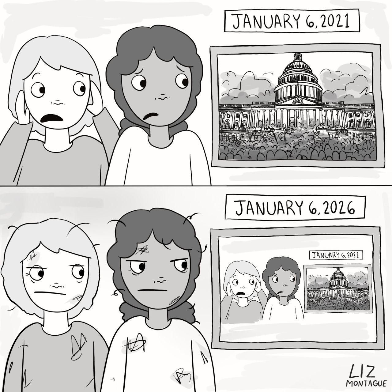 Two panels show two people reacting to the Capitol riots of 2021 and their state in 2026.