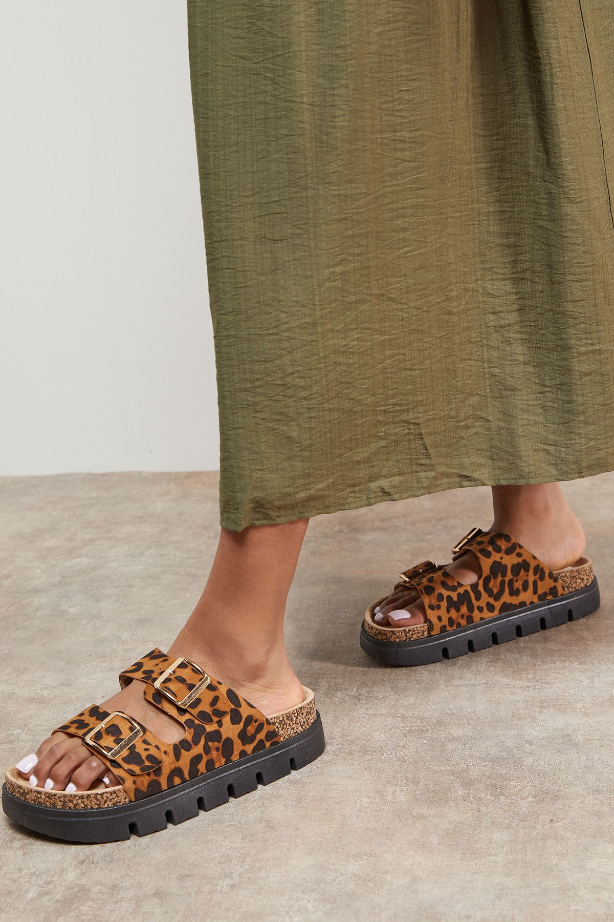 Phoebe Faux Leopard Print Suede Double Buckle Chunky Footbed Sandals