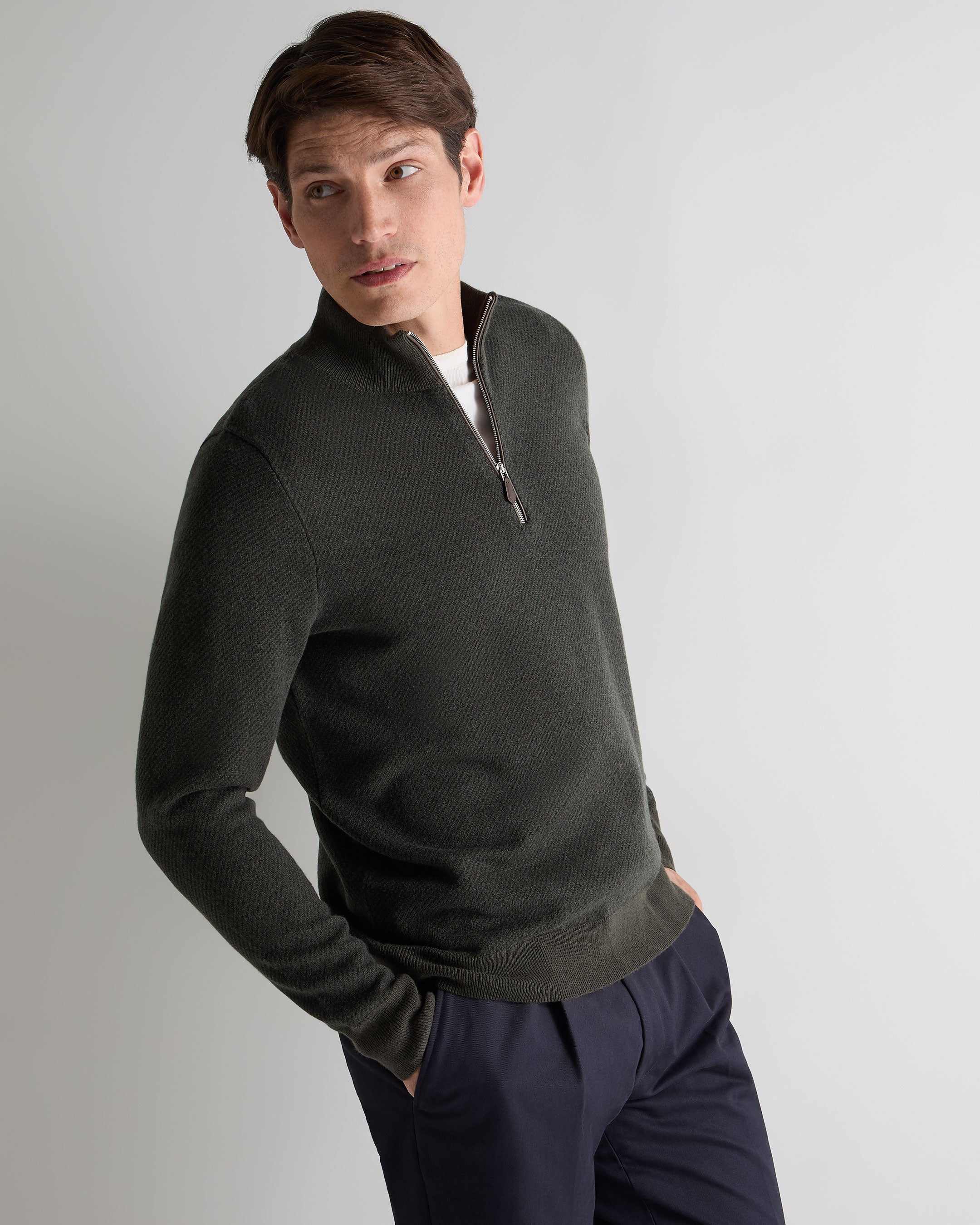 Image of Men's Temple Jacquard Half Zip Cashmere Jumper Arabica Khaki Green