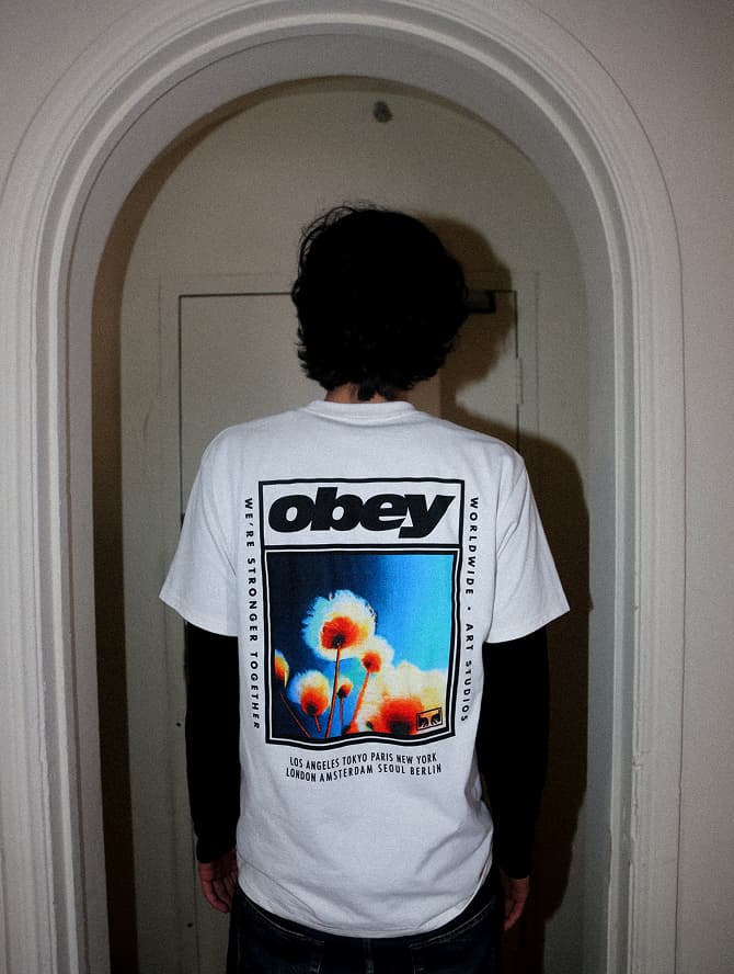Man standing in an arched doorway displaying the back of a white Obey graphic t-shirt.