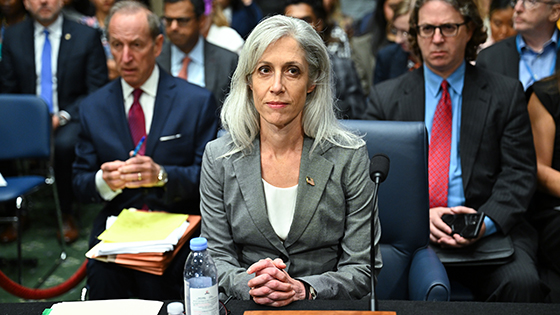 Susan Monarez sits at the hearing table.