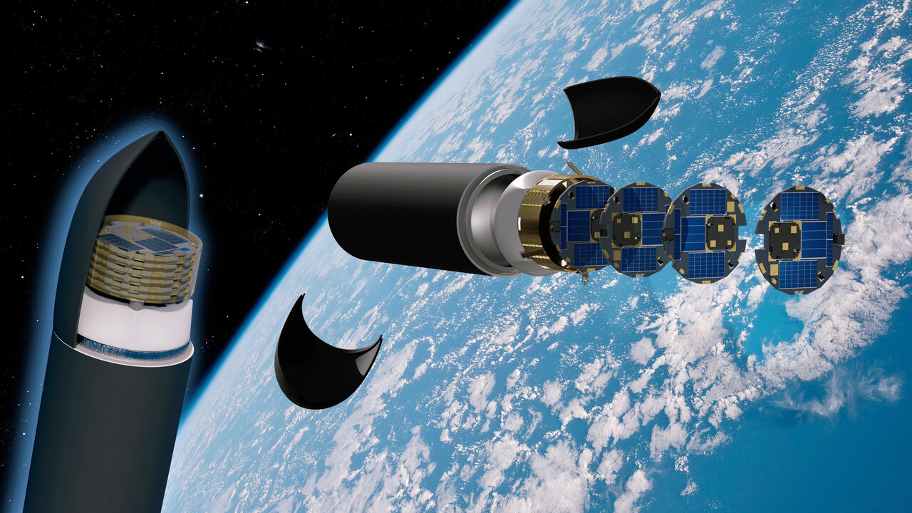 DiskSats shown stacked within a small launch vehicle fairing