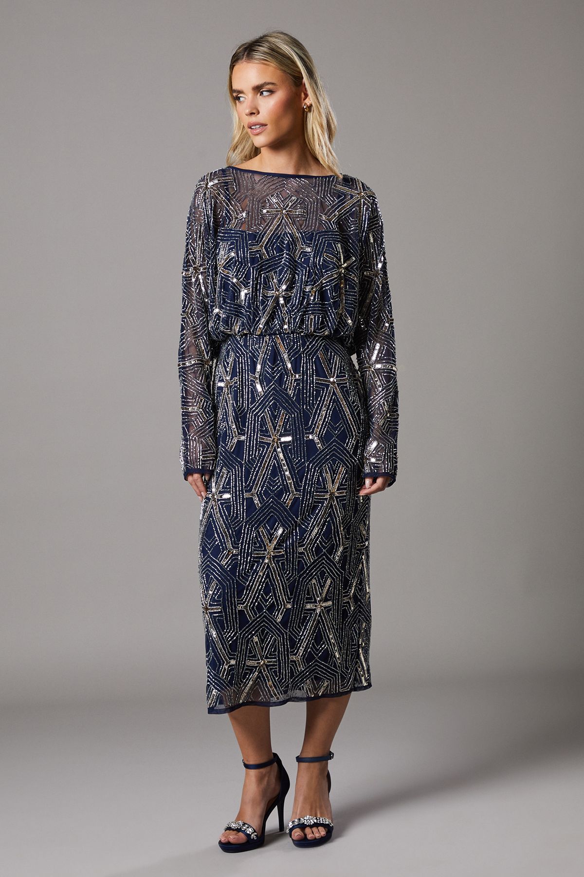 Petite Hand Embellished V Back Midi Dress