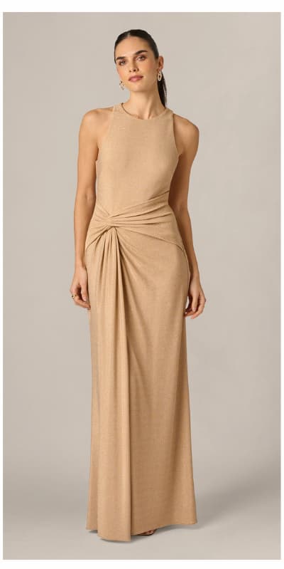 Metallic Stretch Knit Draped Gown In Light Gold