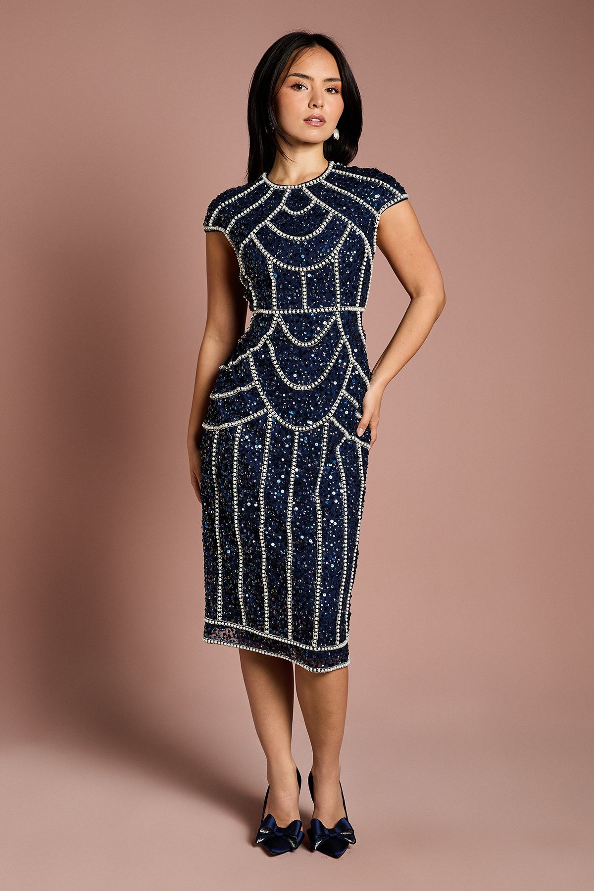 Petite Cap Sleeve Pearl Embellished Pencil Dress