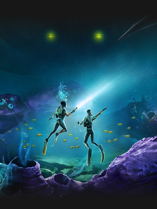Key art for Subnautica 2 depicting a bioluminescent Leviathan emerging from the shadows as a pair of divers explore the deep-sea floor.