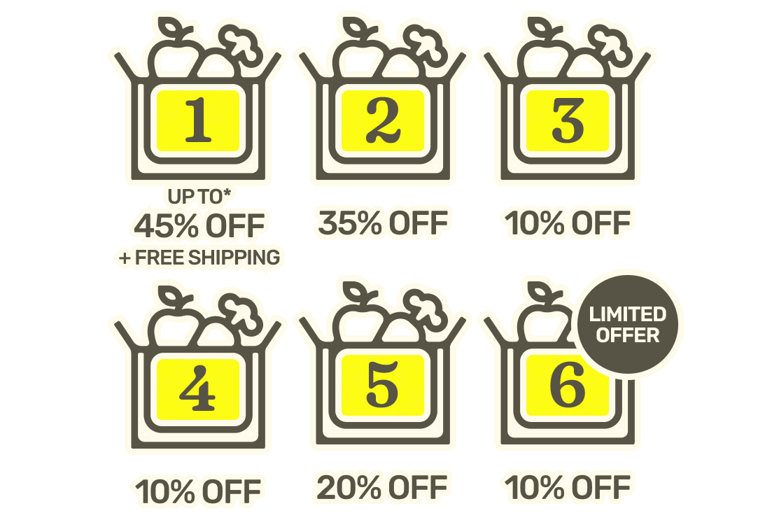 Save up to* 45% on your first box + free shipping, 35% off your second box, 10% off your third and 4th box and 20% off your fifth box.