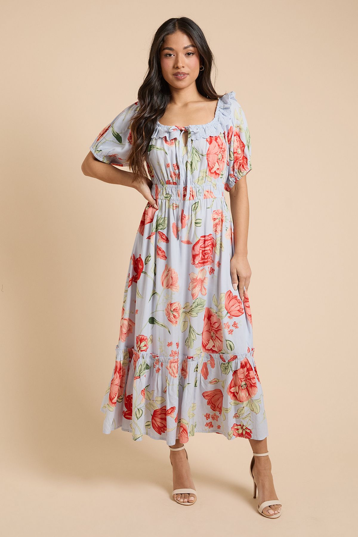 Petite Broderie Frill Detail Tiered Hem Printed Midi Dress