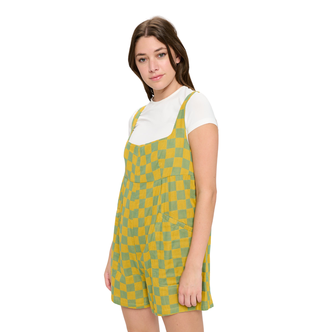 Image of 70's Style Checkered Flared Cotton Shortalls