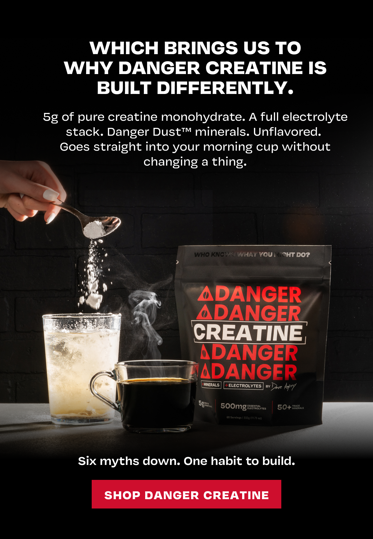 Why Danger Creatine is built differently" with ingredient list, product photo, and Shop button.