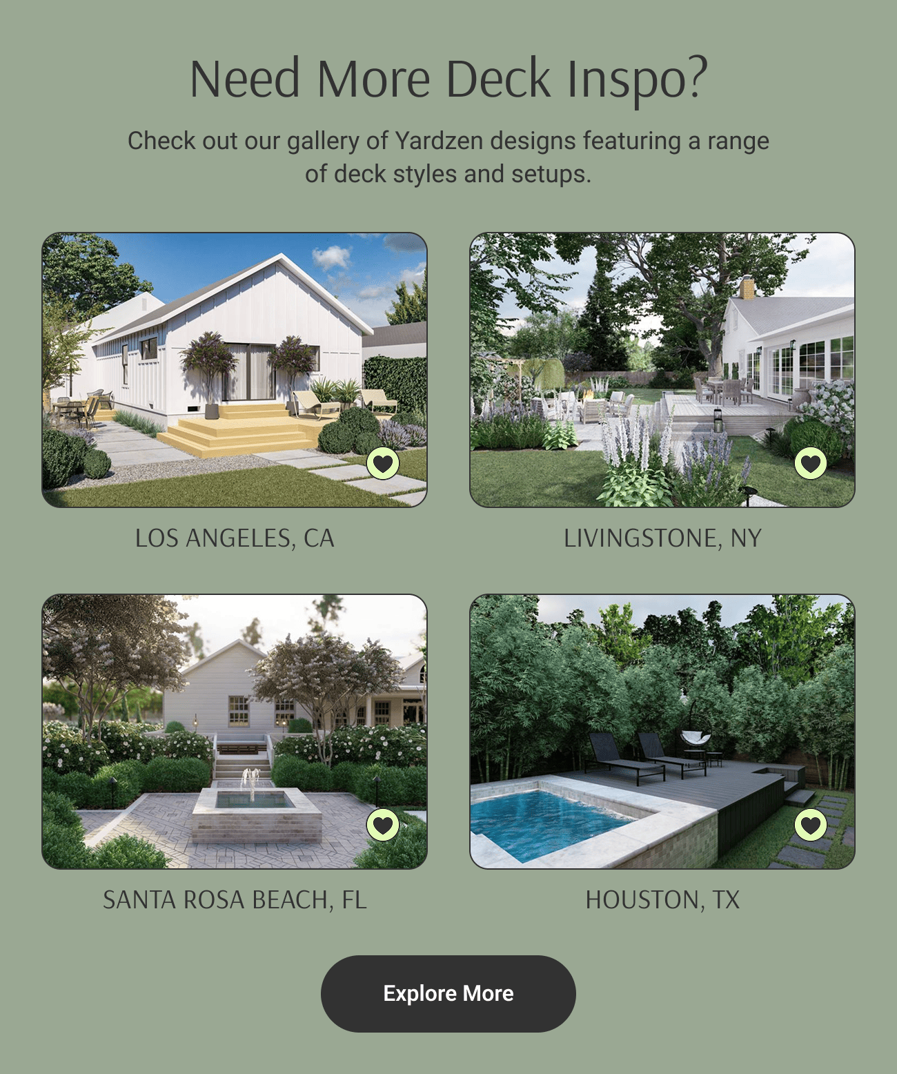 Need More Deck Inspo? Check out our gallery of Yardzen designs featuring a range of deck styles and setups.