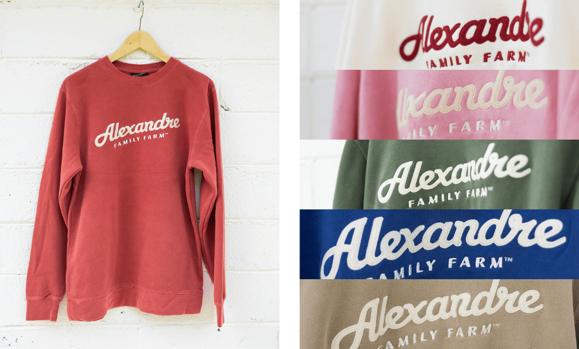 Alexandre Family Farm branded crew neck sweaters