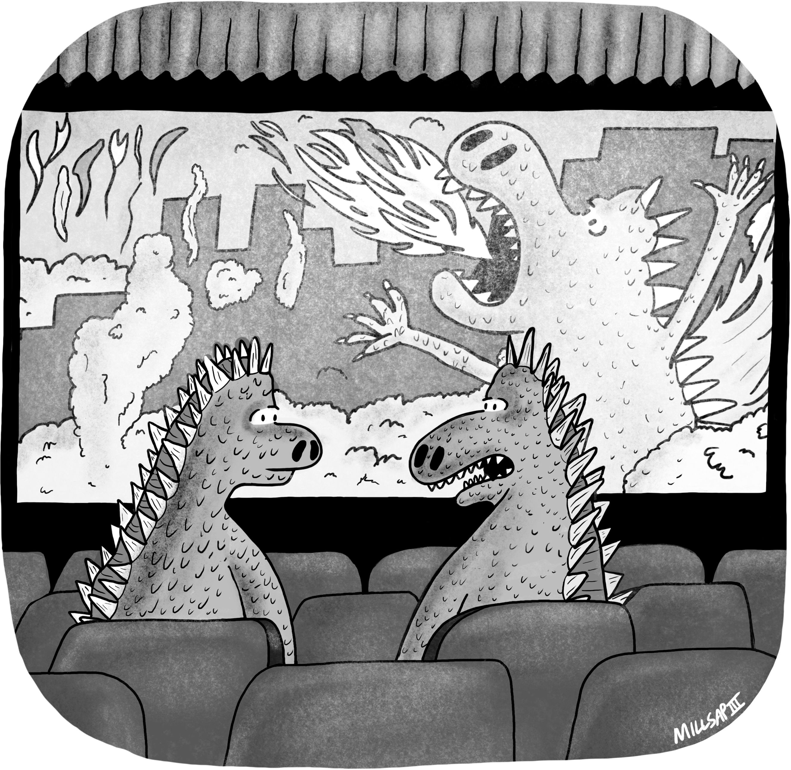 Two Godzillas watching a Godzilla movie in movie theatre.