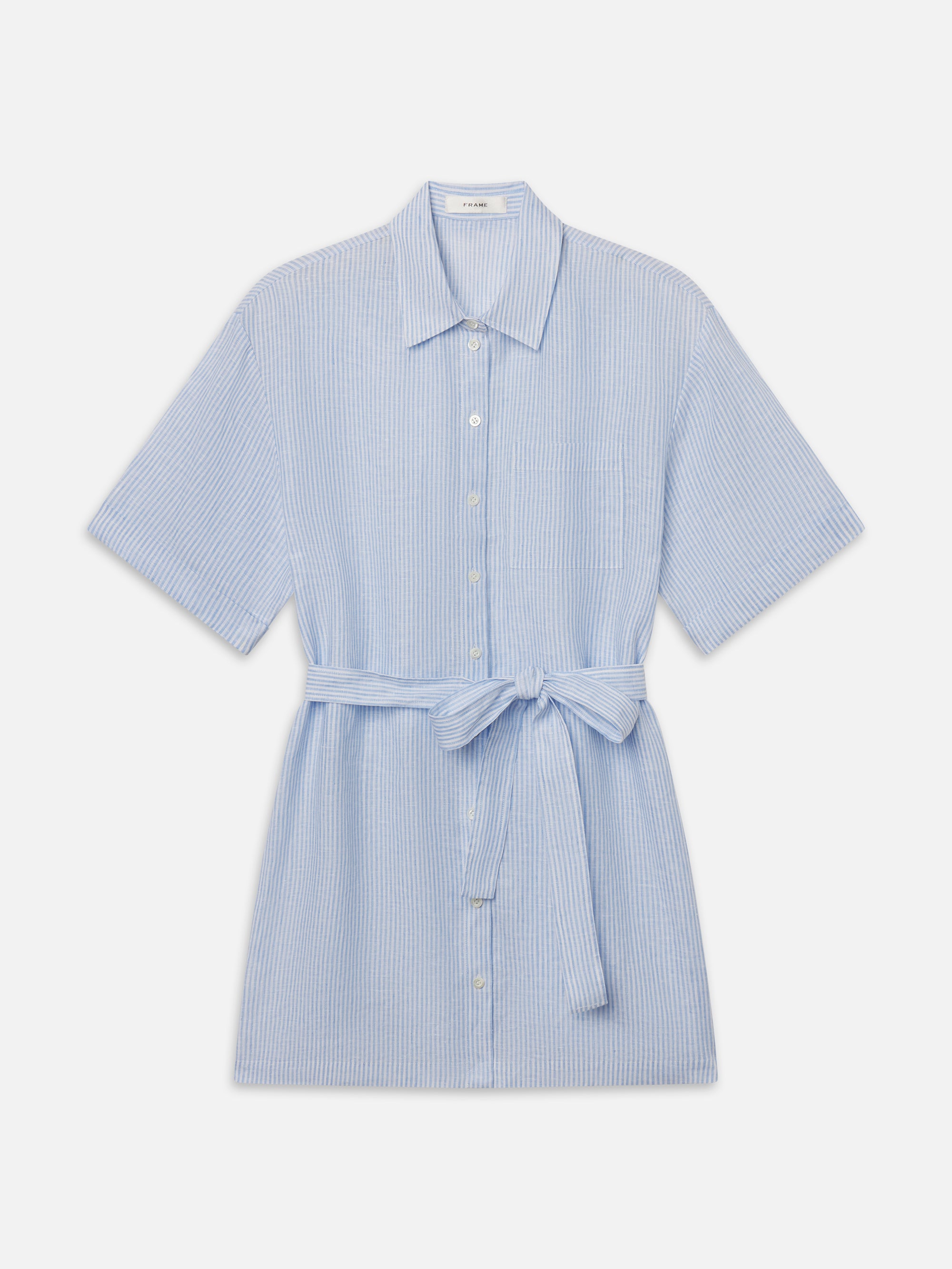 THE LINEN BELTED DRESS CHAMBRAY IN BLUE MULTI
