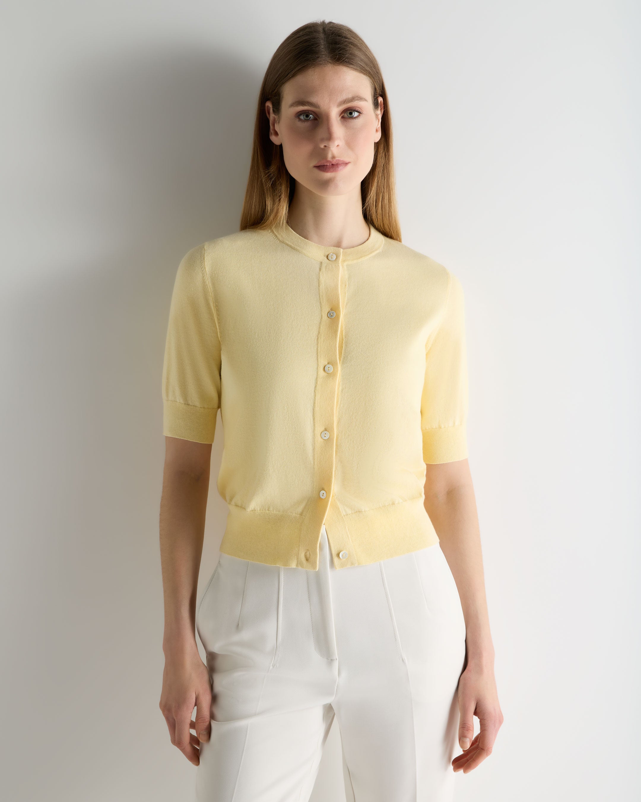 Image of Women's Cotton Cashmere Short Sleeve Cardigan Lemon Yellow