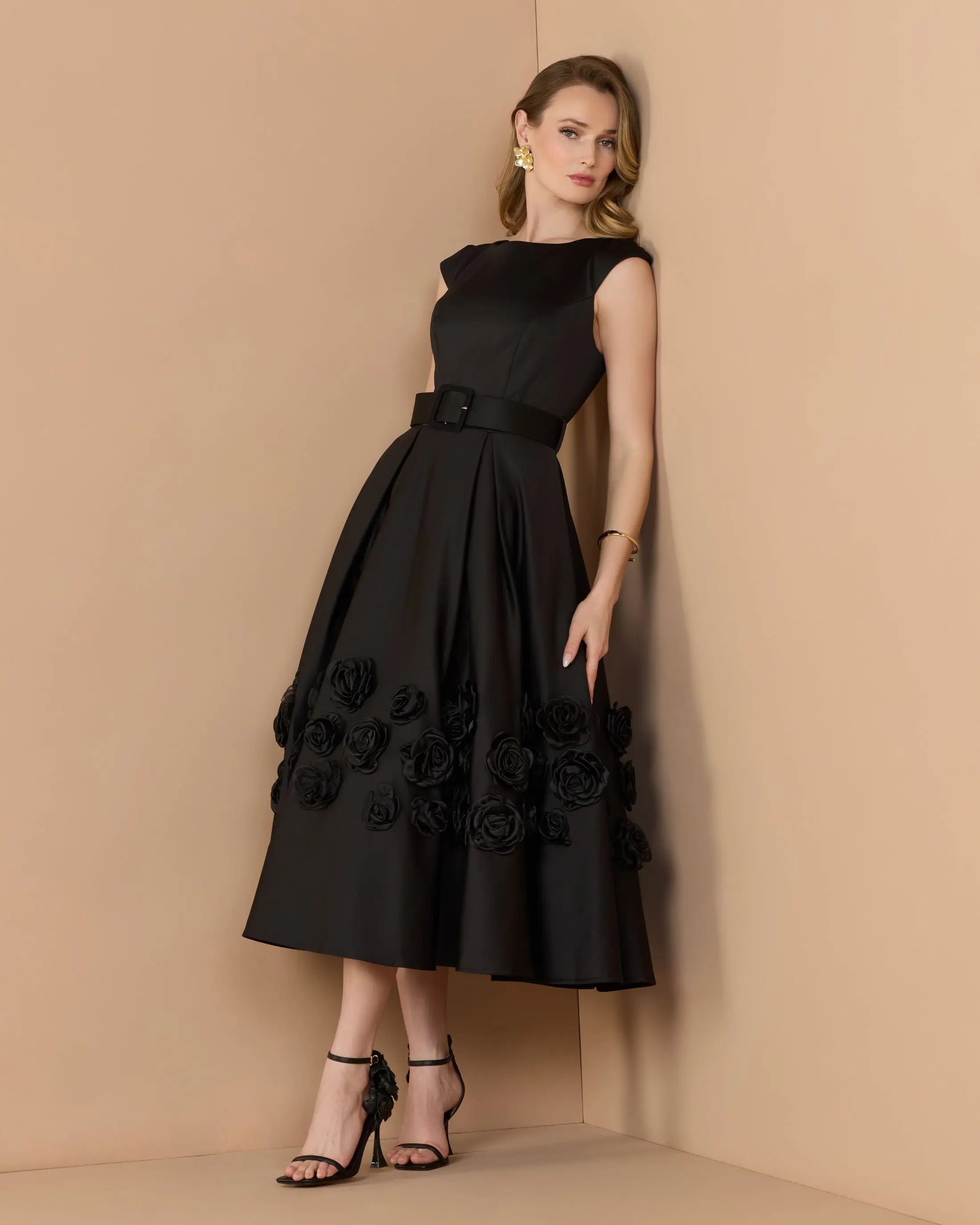 Image of Black Satin Cap Sleeve Midi Dress With 3D Flowers