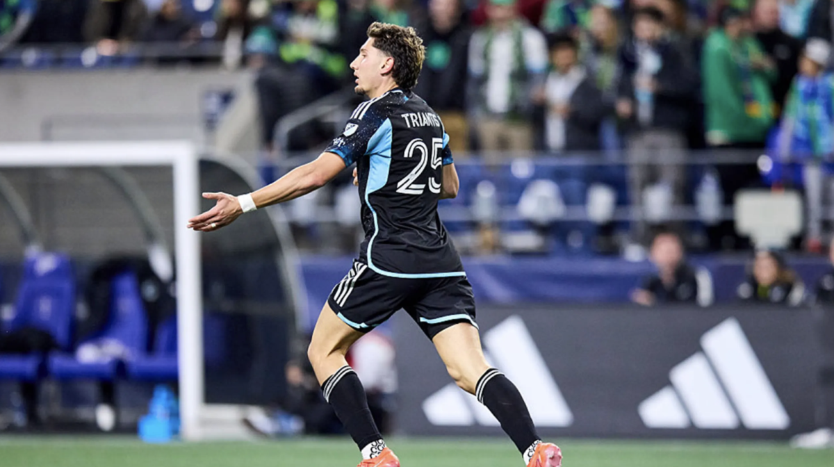 Nectarios Triantis celebrates after scoring in Seattle