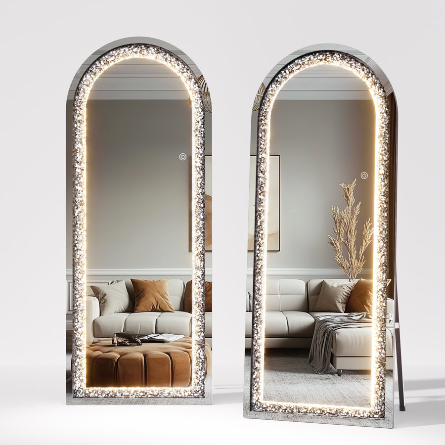 LED Full-Length Mirror Arch Design with Crystal Crush Diamond, Wall Mounted Diamond Mirror Leaning for Living Room Bedroom Dimming & 3 Color Modes