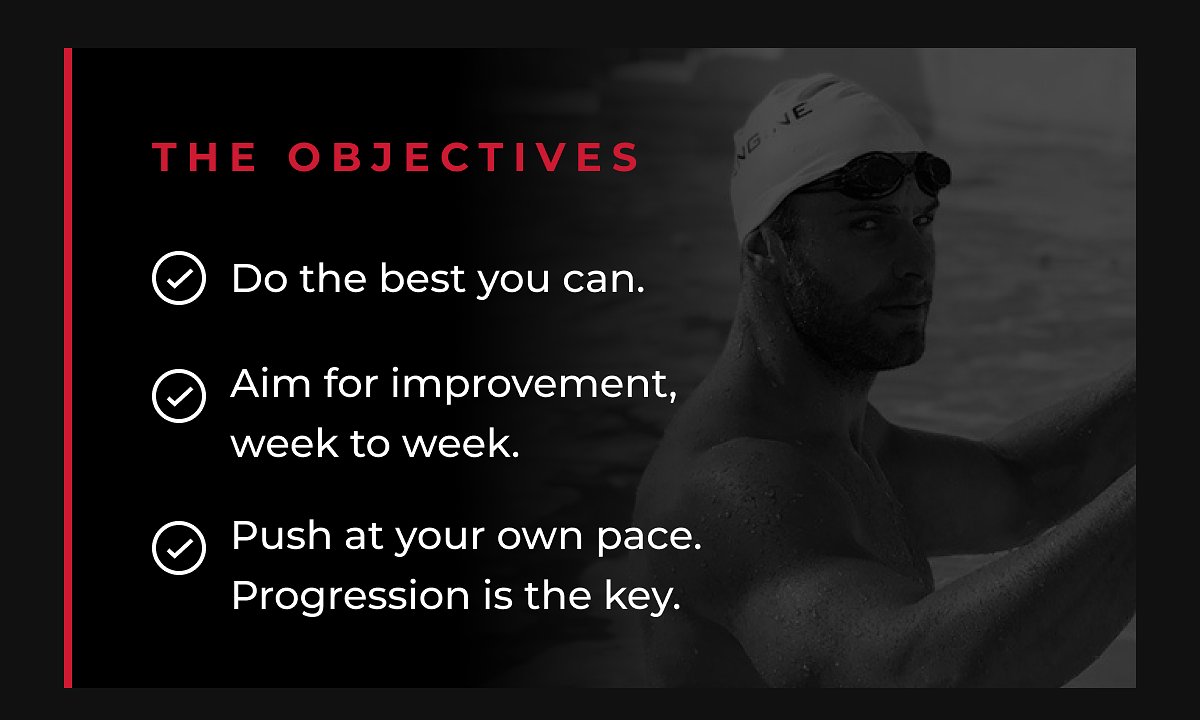 The objectives Do the best you can. Aim for improvement, week to week. Push at your own pace. Progression is the key.