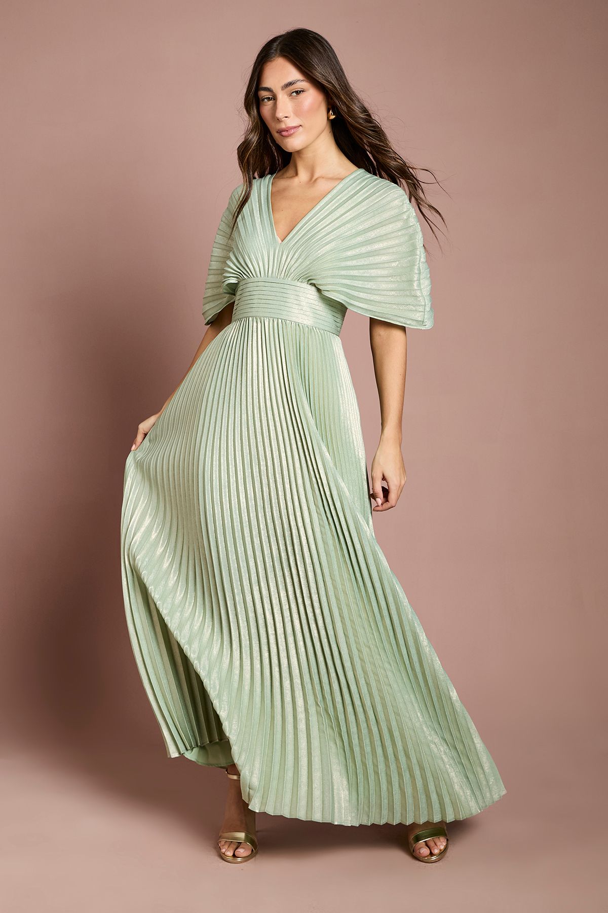 Batwing Pleated Metallic Midaxi Dress