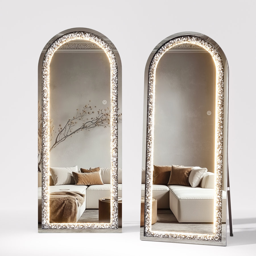 LED Full-Length Mirror Arch Design with Crystal Crush Diamond, Wall Mounted Diamond Mirror Leaning for Living Room Bedroom Dimming & 3 Color Modes