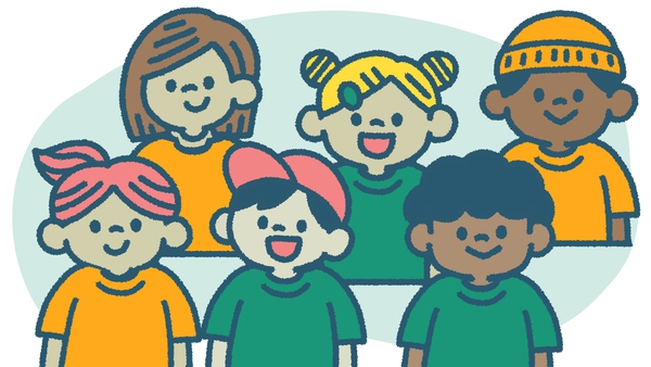 six kids, with three wearing orange T-shirts and three wearing green