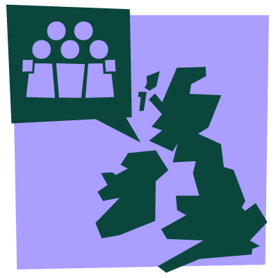 icon of the UK and a group of people