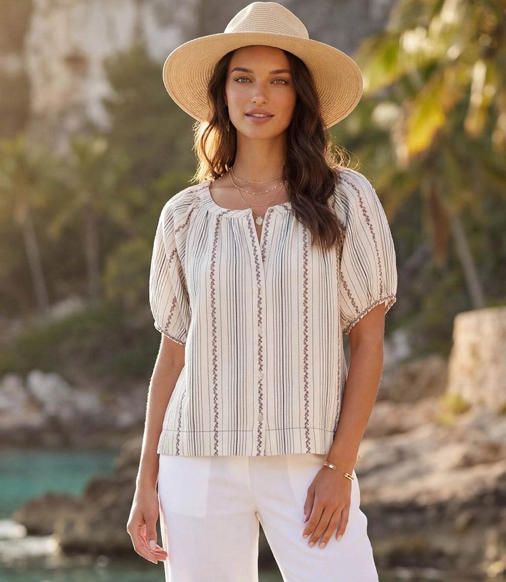 Image of Stripe Puff Sleeve Embroidered Peasant Top