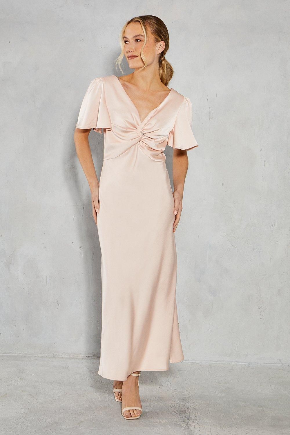 Satin Twist Front Angel Sleeve Midi Bridesmaid Dress