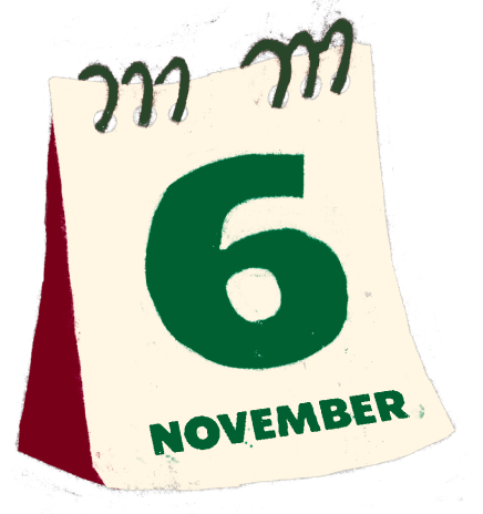 An illustrated flip-top calendar page that reads "6 November."