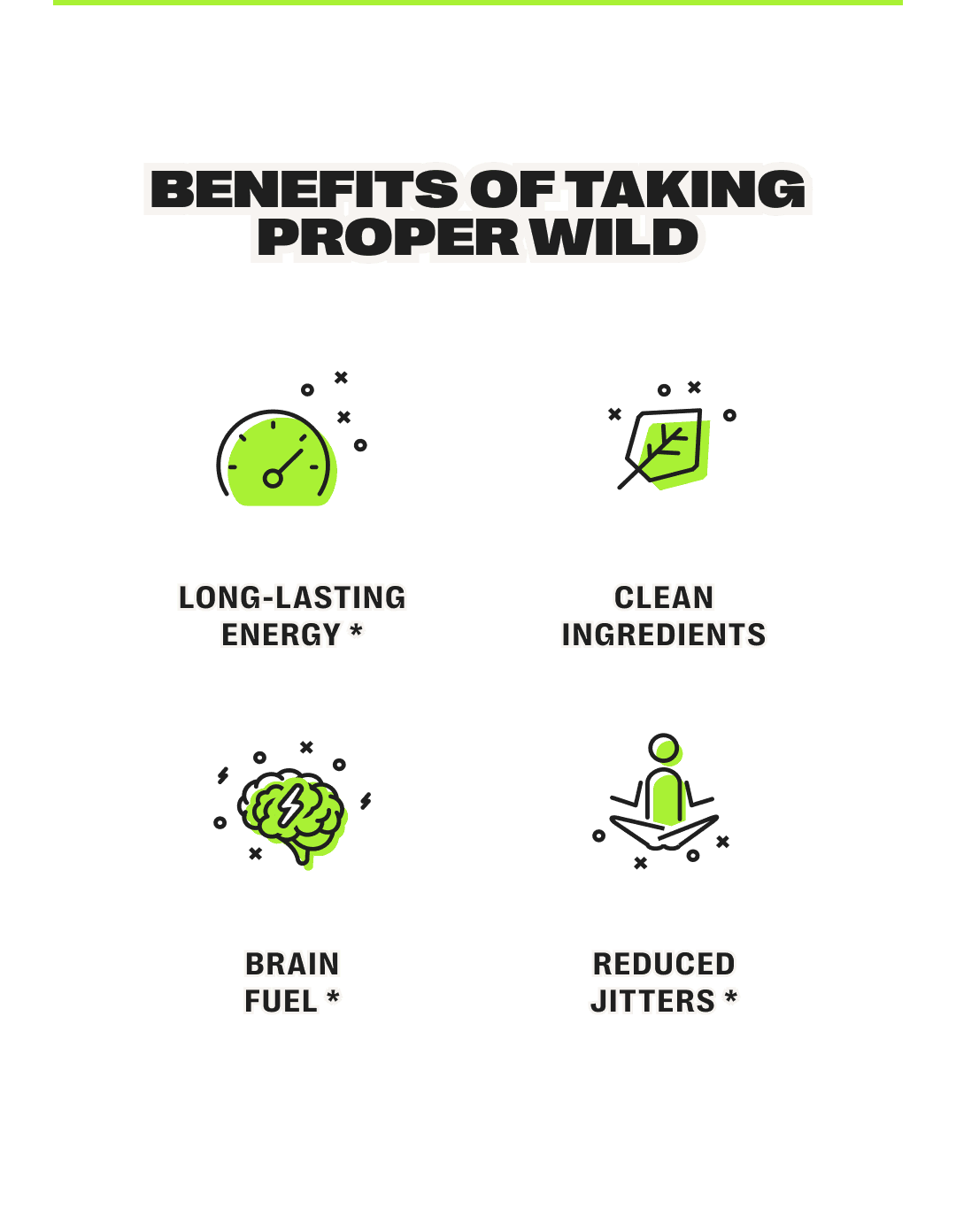 benefits of taking proper wild - long-lasting energy * / clean ingredients / brain fuel * / reduced jitters *