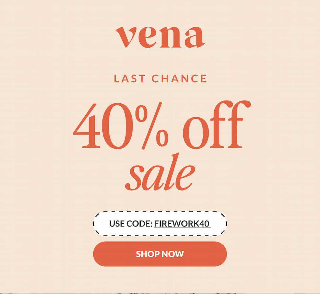 Beige background image with orange text. Text: "Get the party started. 40% off sitewide. Use code FIREWORK40. Shop Now"