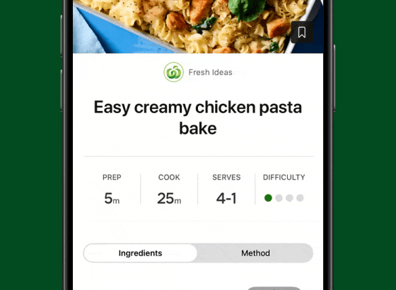 Mobile device with the Woolworths app open highlighting food recipe and shop ingredients