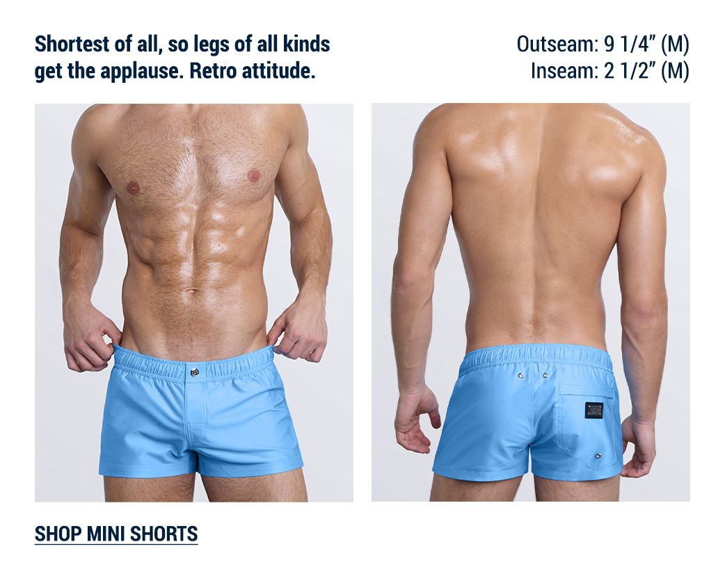 The Shorter Silhouette edit — DC2 Magnet Blue Mini Shorts featuring an ultra-short silhouette designed to showcase the legs.