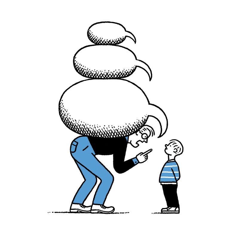 Speech bubbles from a child weighing on the adult's back.