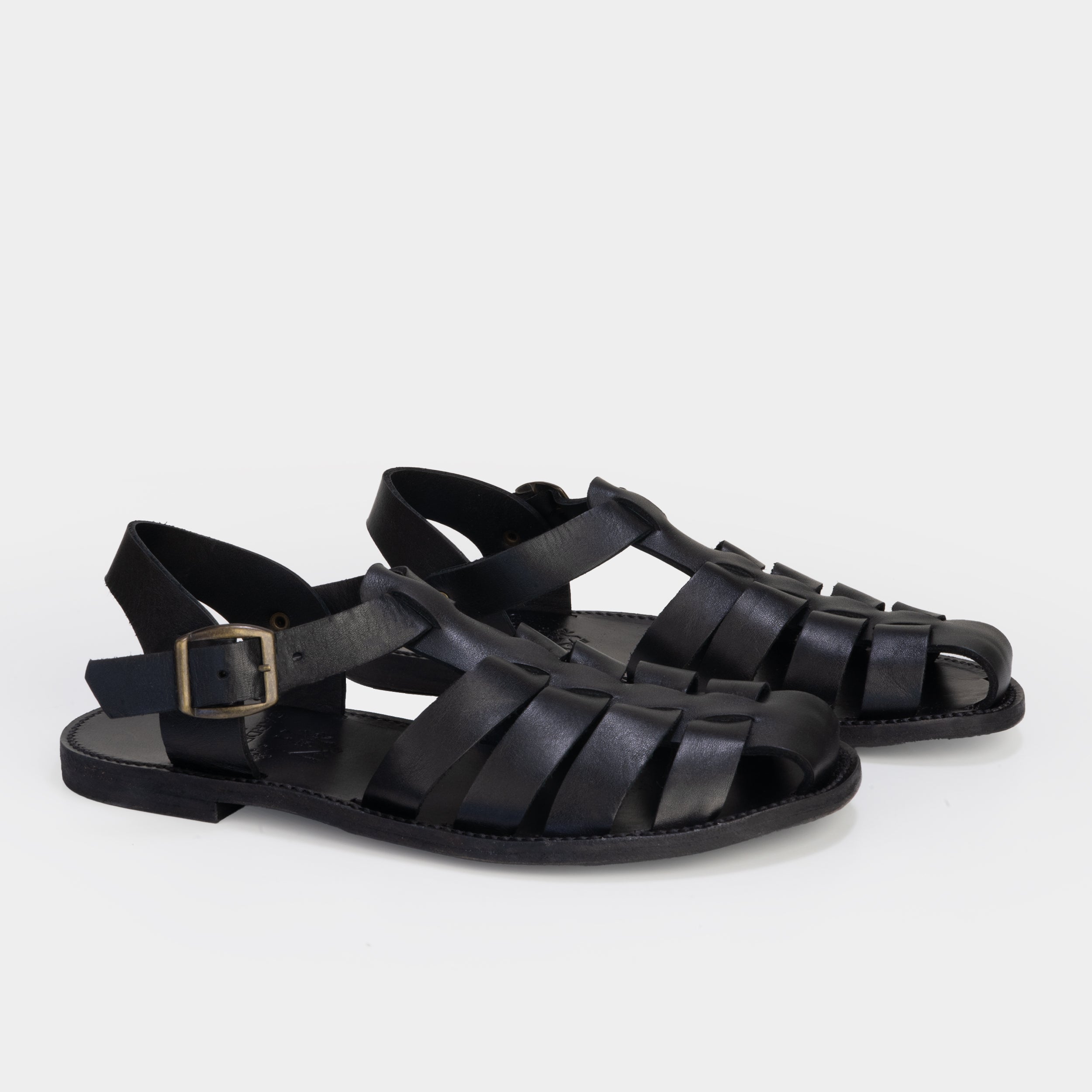Image of Calfskin Leather Fisherman Sandals in Black