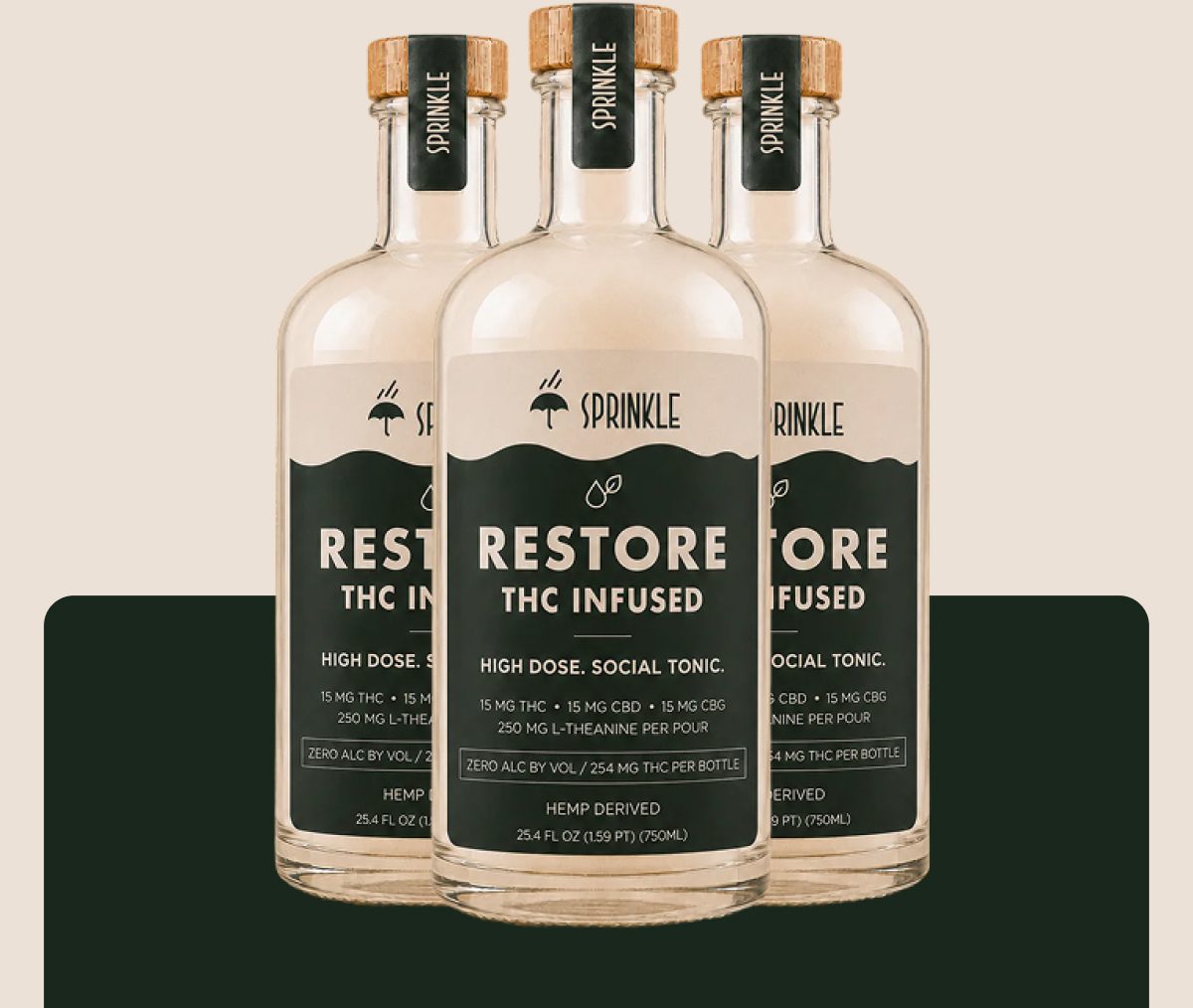 Three bottles of Restore THC infused tonic with a wooden cork and label details.