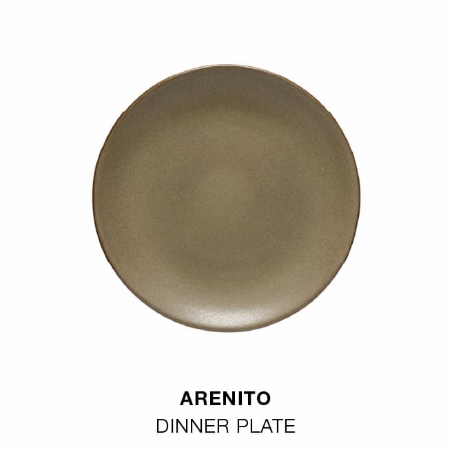 Product grid with photos and names: Arenito dinner plate, Arenito salad/dessert plate, Marrakesh soup/cereal bowl, Sen 24-piece flatware, Margarida set of 6 recycled glass wine glasses, and Oak Collection round oak wood serving board