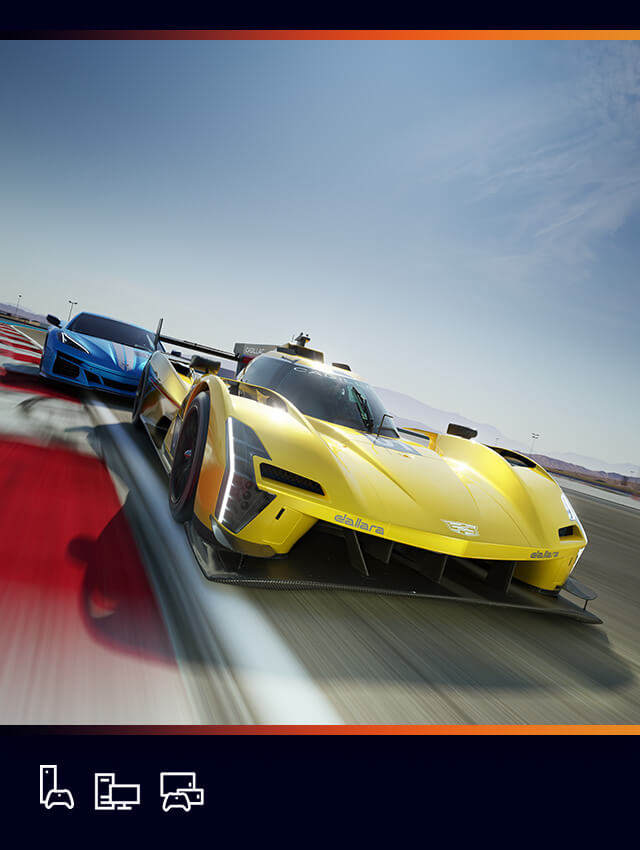 Key art for Forza Motorsport featuring a 2023 No. 01 Cadillac Racing V-Series.R and a 2024 Chevrolet Corvette E-Ray racing. Icons for console, PC, and cloud.