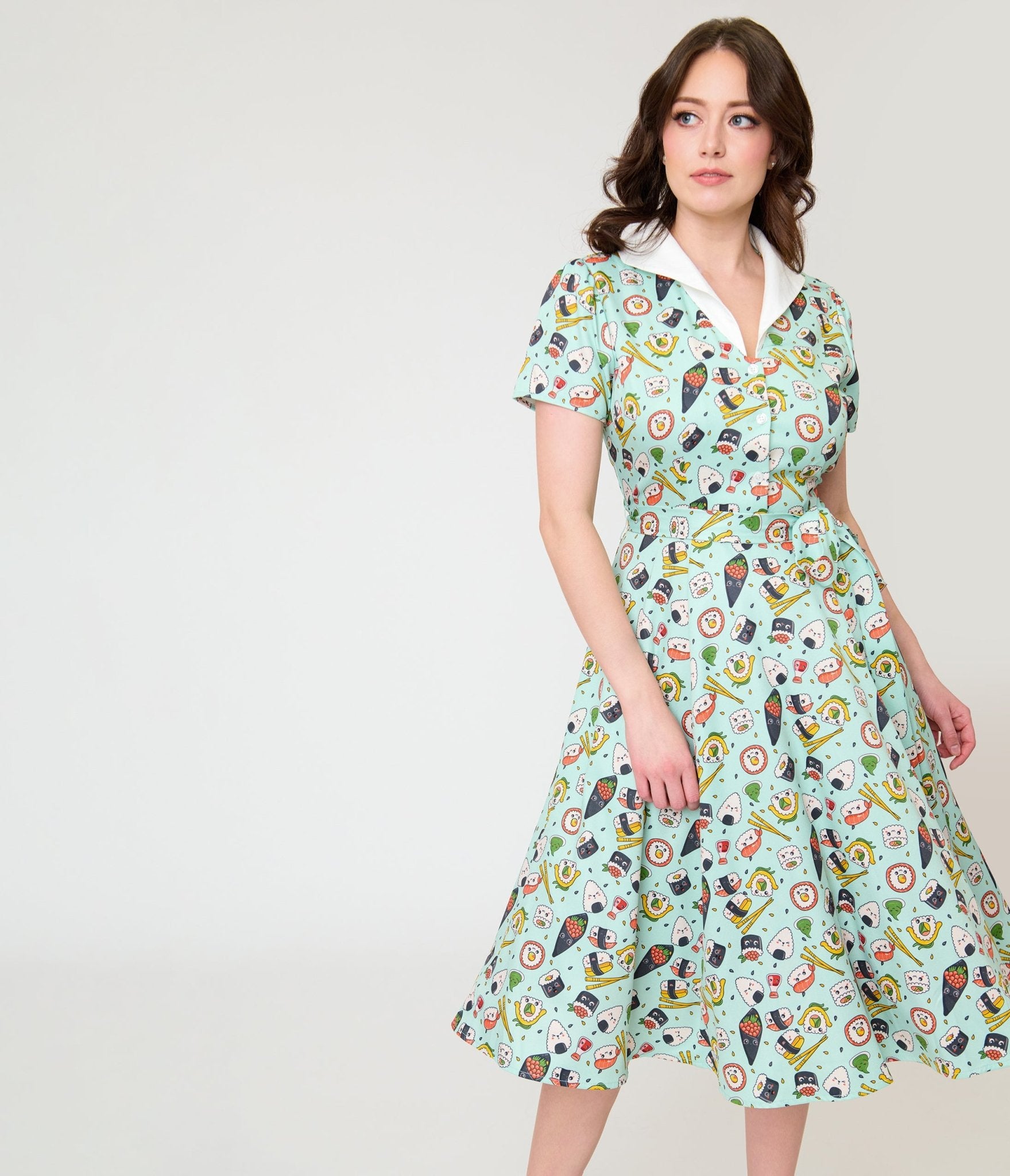 Image of Unique Vintage Mint Sushi Print Shirt Dress