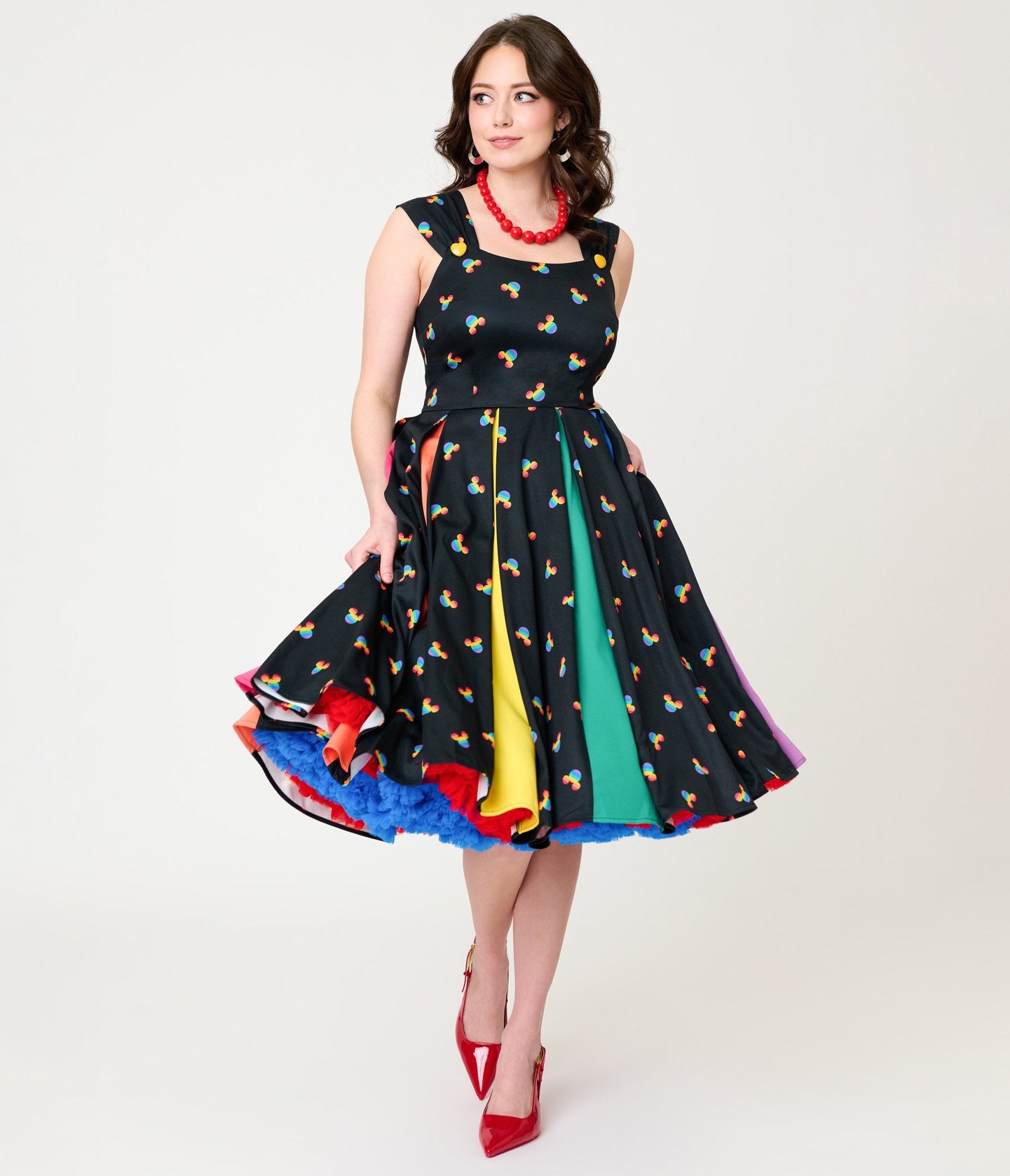 Image of Disney Pride Collection by Unique Vintage Black & Rainbow Mickey Stripe Swing Dress