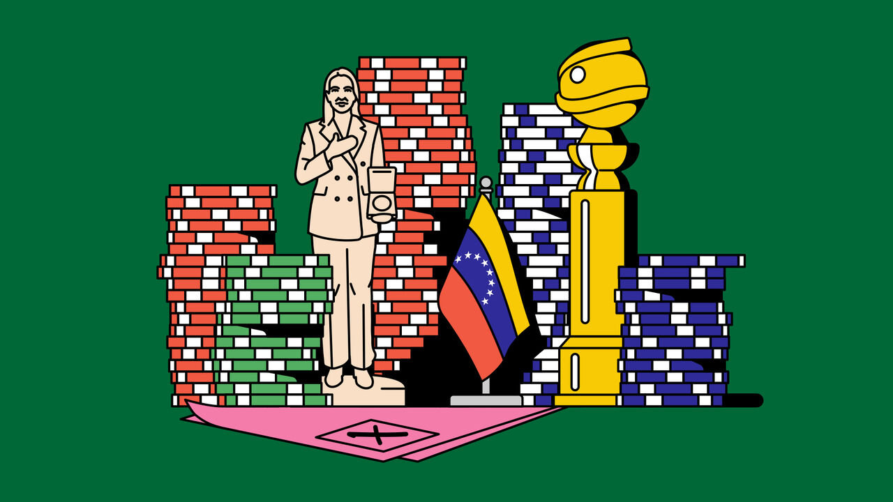 Illustration of stacks of poker chips with the Venezuela flag, the golden globes statue and a statue of a woman giving out a medal.